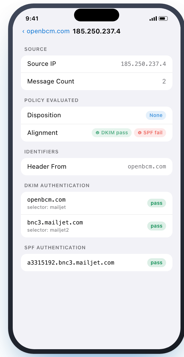A record's detail: policy evaluated, identifiers, and DKIM and SPF authentication results