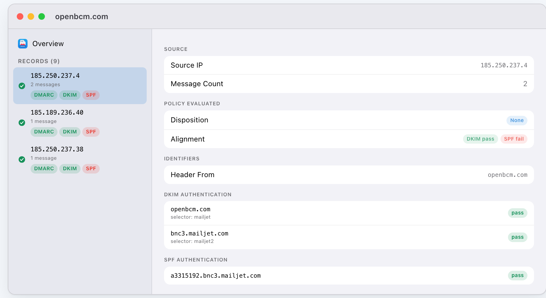 The macOS window with a records sidebar and record detail