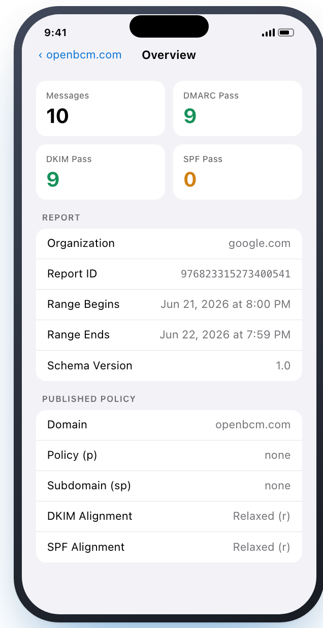 The overview screen with message totals and the published DMARC policy