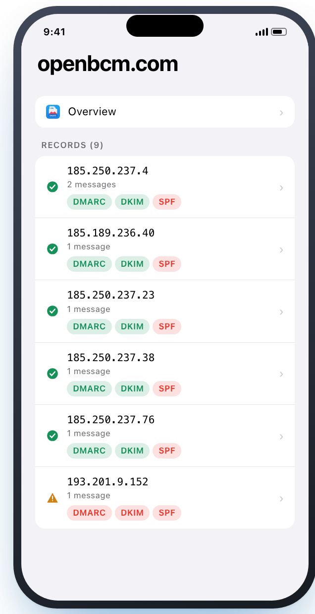 The records list, showing each source IP with DMARC, DKIM and SPF status