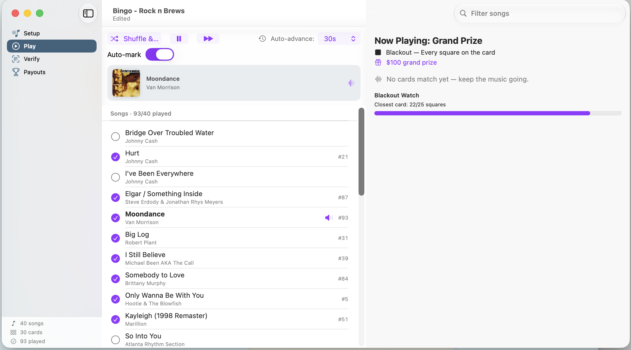 Music Bingo hosting a live game: the song list with called tracks marked, and a panel showing which cards can call bingo